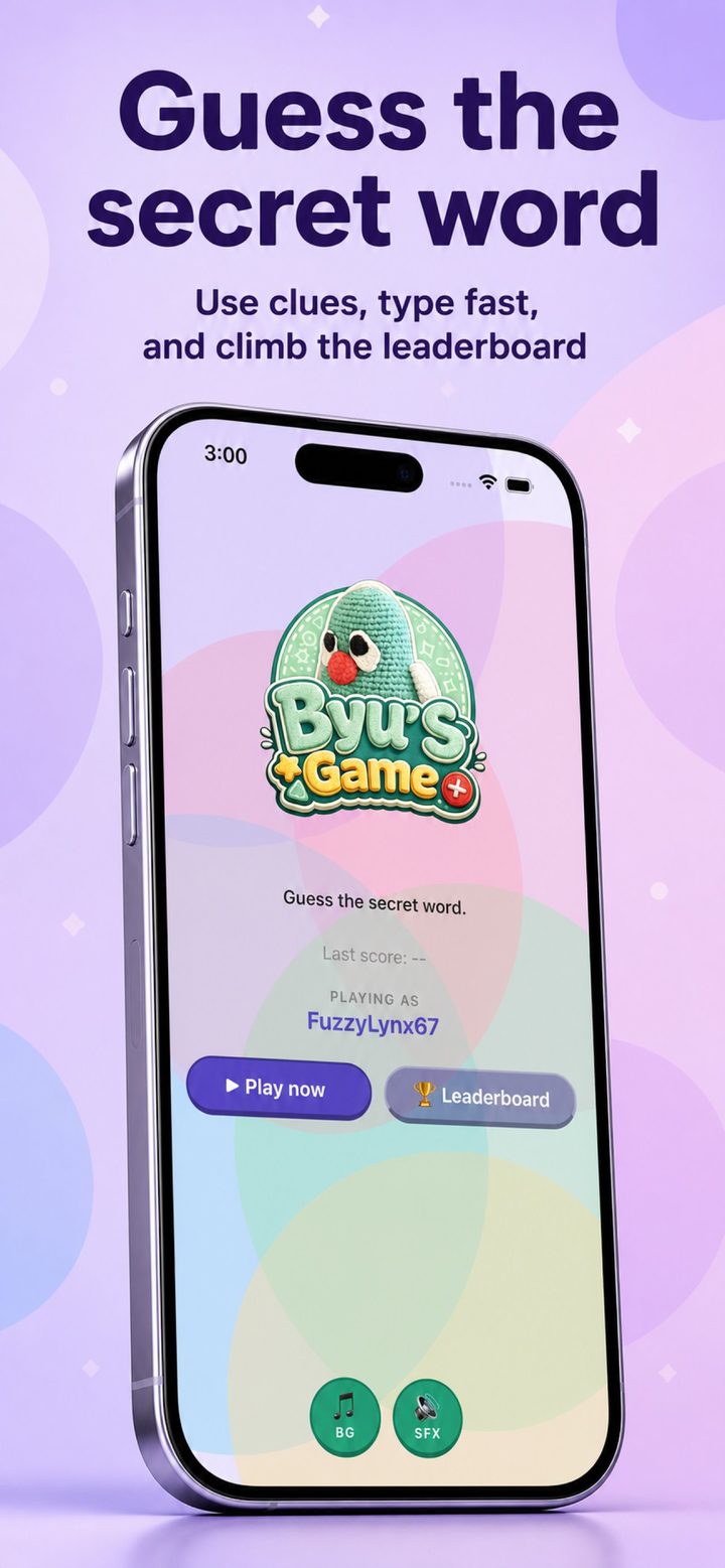 Byu's Game main screen — the logo, 'Guess the secret word' prompt, Play now and Leaderboard buttons