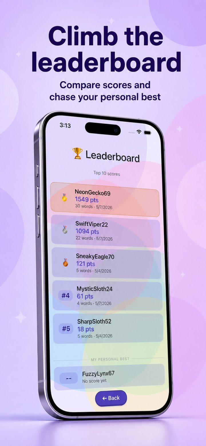 Leaderboard with top players including NeonGecko69 with 1549 points and your personal best at the bottom