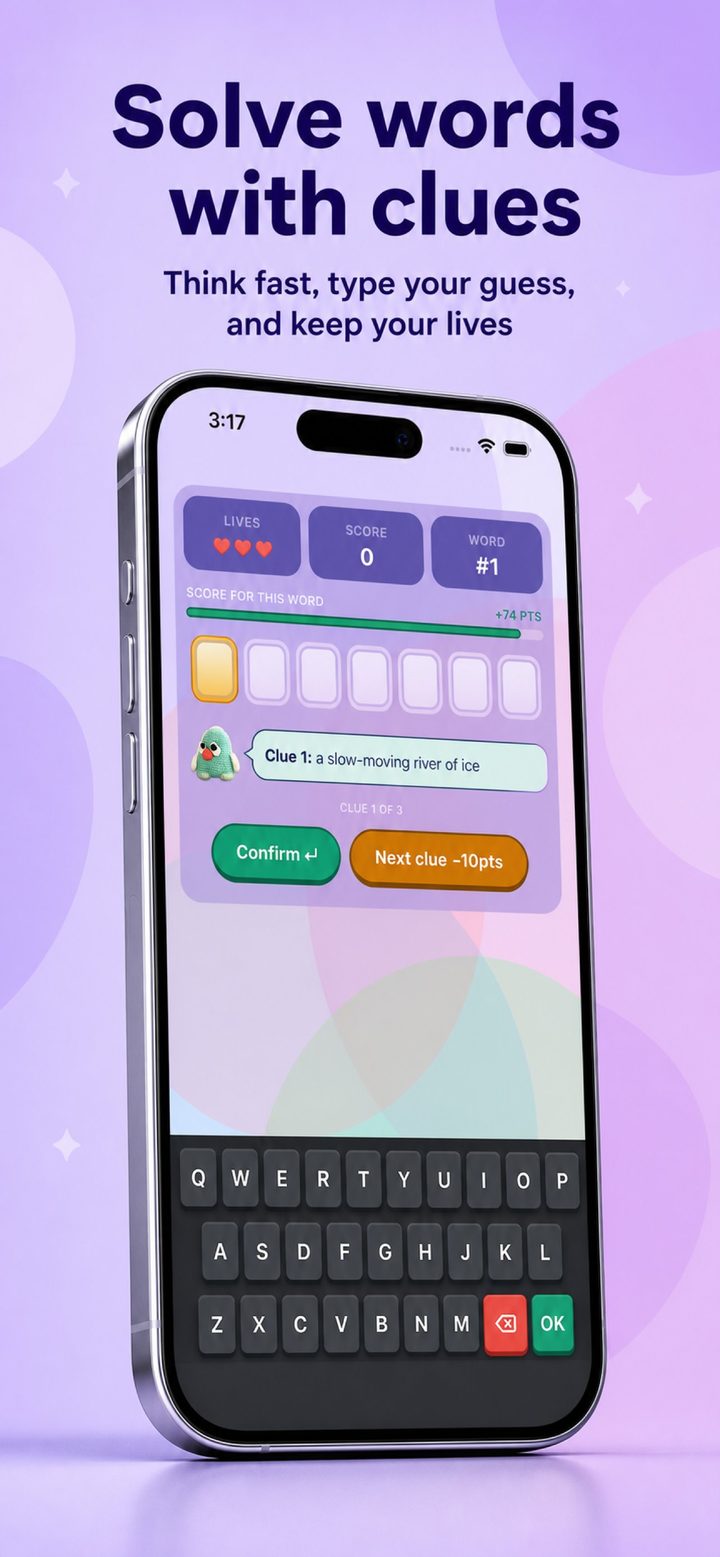 Gameplay — three lives, a score bar, letter slots, and a clue 'a slow-moving river of ice' with Confirm and Next clue buttons